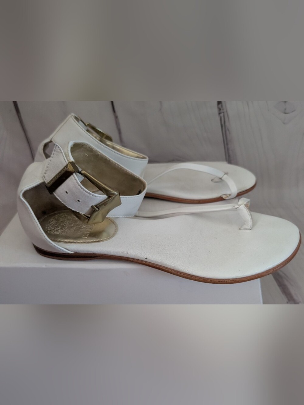 Vince White Thong Sandals with Gold Buckle